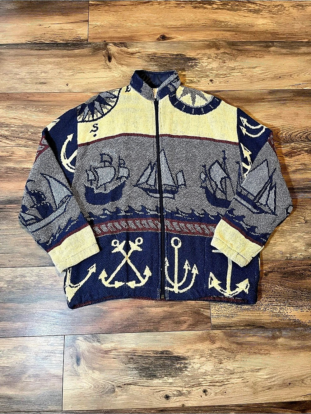 Vintage Maxson Tapestri Nautical Sailboat Anchor Jacket One Size USA Cotton